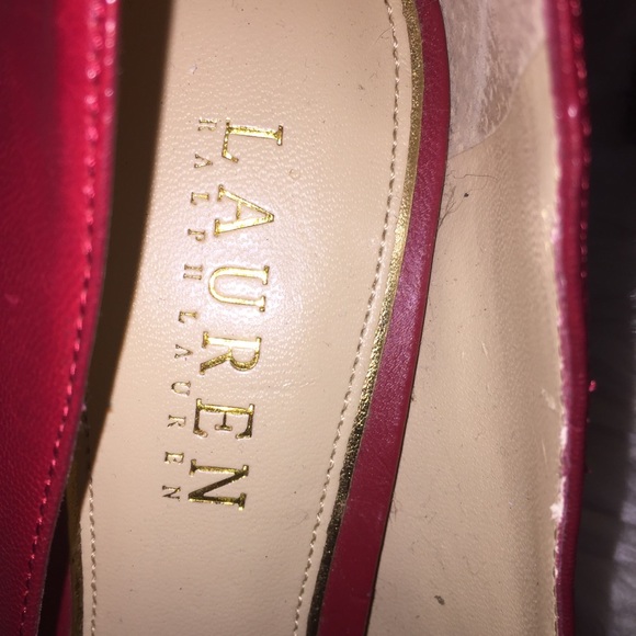 Ralph Lauren Red Leather Peep Toe Heels, 7.5M - Picture 2 of 7